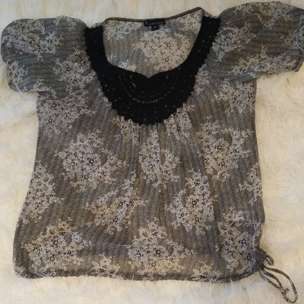 Black/white flowered sheer top